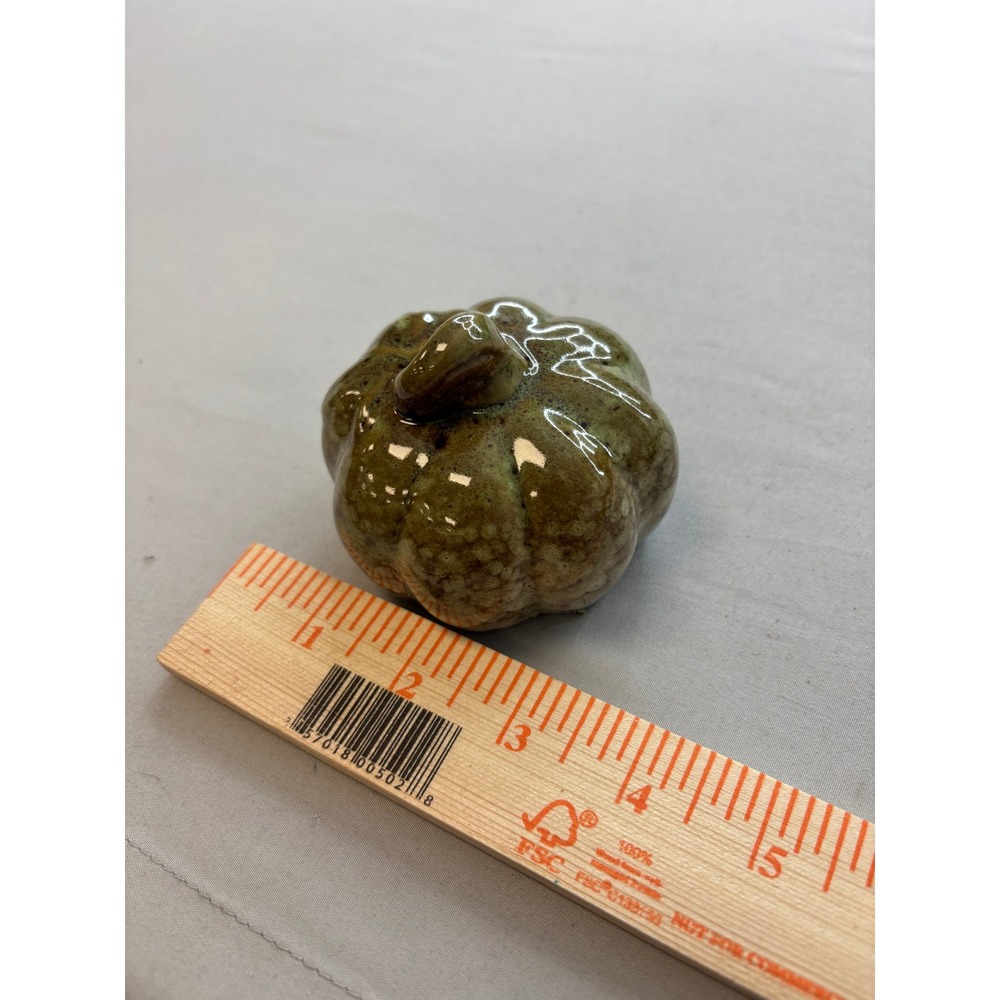 Green Glazed Ceramic Pumpkin Figurine Fall Harvest Tabletop Decor 2.5 Inch
